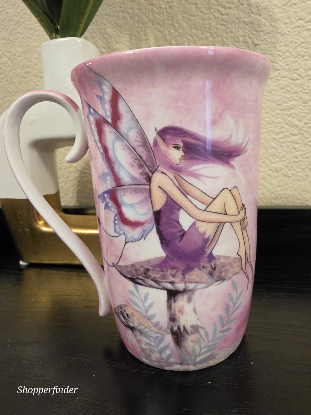 Fairy Theme Decorated Ceramic Coffee Mug, Pink Purple White, 15 fl oz